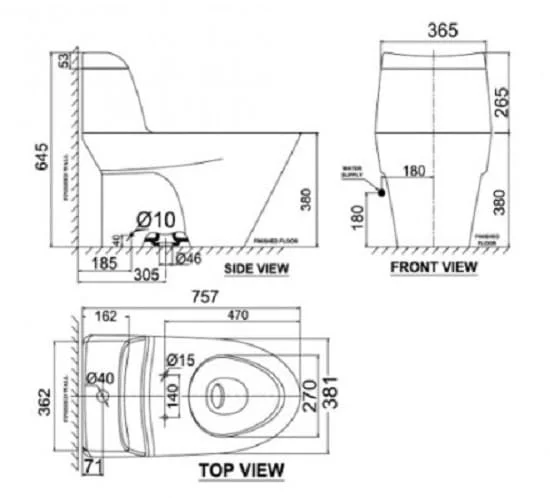 Bản vẽ kỹ thuật Bàn Cầu 1 Khối Nắp Rửa Cơ AMERICAN STANDARD VF-2010S