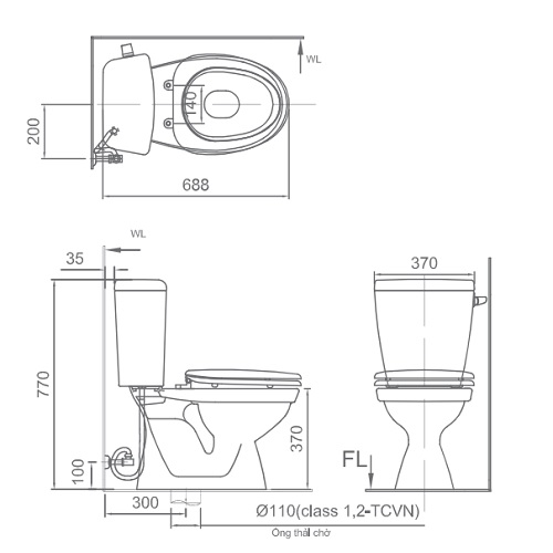 bản vẽ Bồn Cầu Hai Khối Inax AC-504VAN