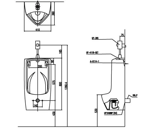 bản vẽ Bồn tiểu nam treo tường Inax U-411V