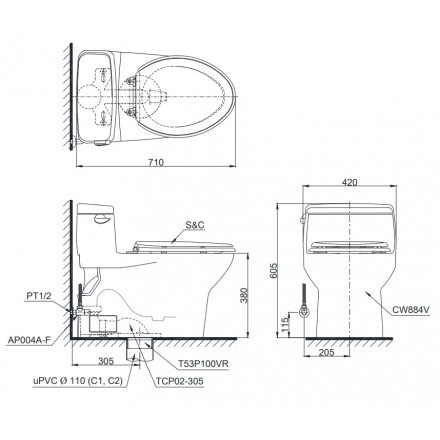 Bản vẽ Bồn Cầu Một Khối Nắp Rửa Điện Tử TOTO MS688W6