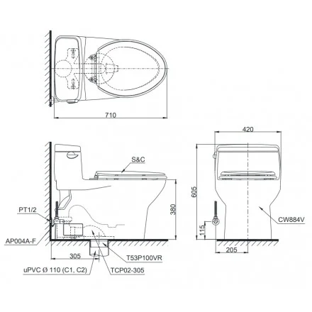 Bản vẽ Bồn Cầu Một Khối Nắp Rửa Điện Tử TOTO MS688W6