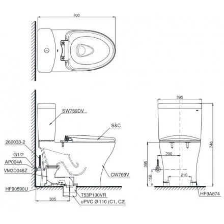 Bản vẽ Bồn Cầu Một Khối Nắp Rửa Điện Tử TOTO MS688W6