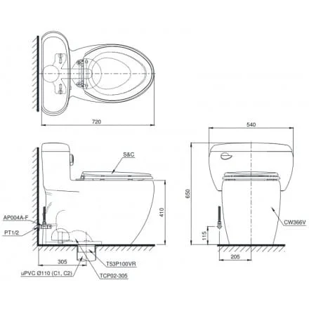 Bản vẽ kỹ thuật Bồn Cầu Hai Khối Nắp Rửa Điện Tử TOTO CS818CDW12