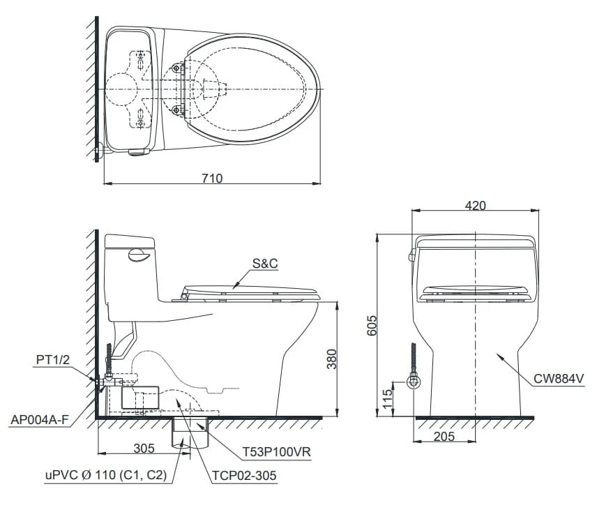 Bản vẽ Bồn Cầu Một Khối Nắp Rửa Điện Tử TOTO MS688W6