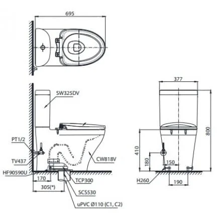 Bản vẽ Bồn Cầu Một Khối Nắp Rửa Điện Tử TOTO MS688W6