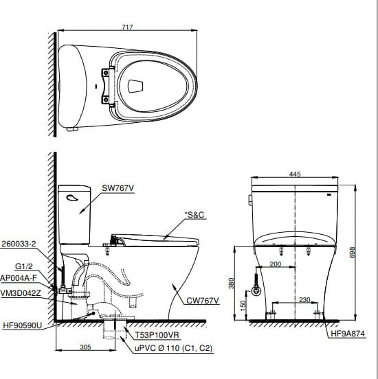 Bản vẽ Bồn Cầu Hai Khối Nắp Rửa Điện Tử TOTO CS761DW8