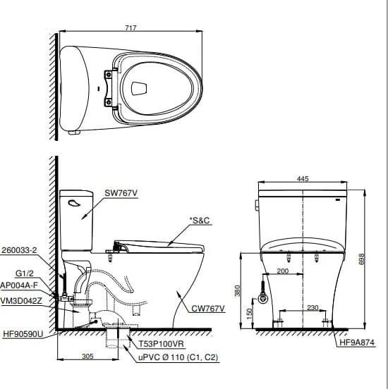 Bản vẽ Bồn Cầu Hai Khối Nắp Rửa Điện Tử TOTO CS761DW8