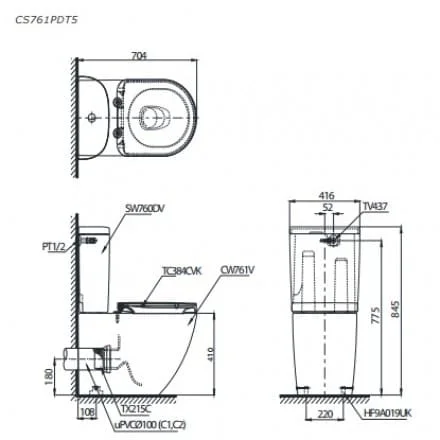 Bản vẽ Bồn Cầu Hai Khối Nắp Rửa Điện Tử TOTO CS761DW8