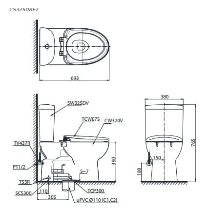 Bản vẽ Bồn Cầu Hai Khối Nắp Rửa Điện Tử TOTO CS761DW8