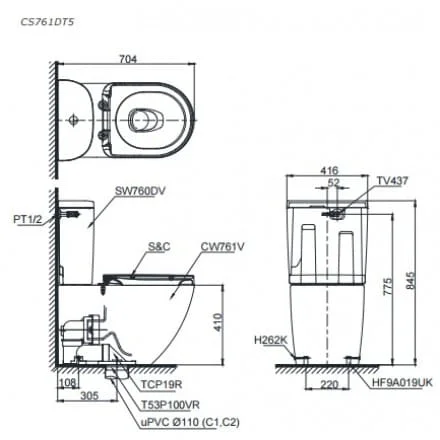 Bản vẽ Bồn Cầu Hai Khối Nắp Rửa Điện Tử TOTO CS761DW8