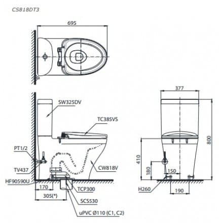 bản vẽ Bồn Cầu Hai Khối TOTO CS945PDT2