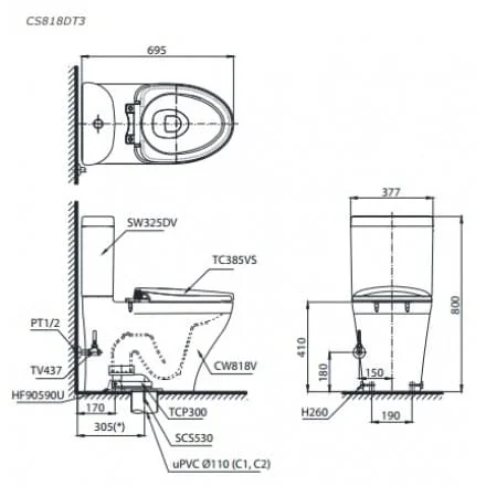 bản vẽ Bồn Cầu Hai Khối TOTO CS945PDT2