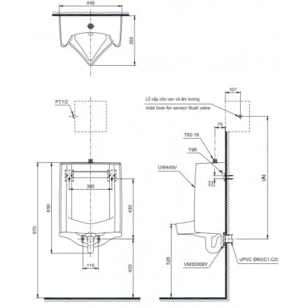 bản vẽ Bồn tiểu nam treo tường Inax U-411V