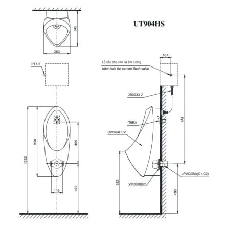 bản vẽ Bồn tiểu nam treo tường Inax U-411V