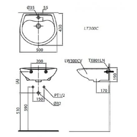 Bản vẽ kỹ thuật Chậu Rửa Mặt Treo Tường TOTO LT300C
