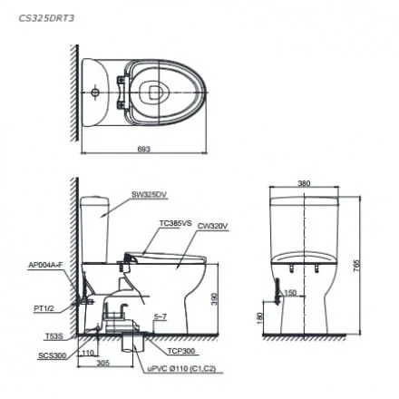 bản vẽ Bồn Cầu Hai Khối TOTO CS945PDT2