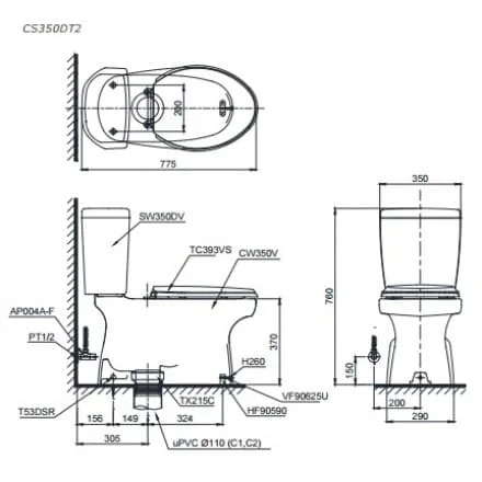 bản vẽ Bồn Cầu Hai Khối TOTO CS945PDT2