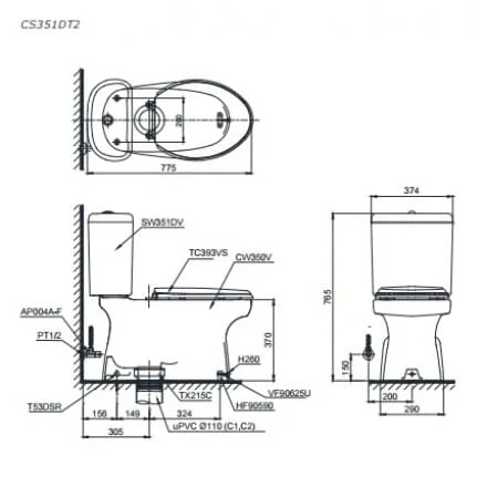 bản vẽ Bồn Cầu Hai Khối TOTO CS945PDT2