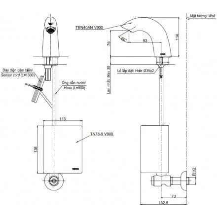 bản vẽ Vòi Cảm Ứng Lavabo TOTO TEN40ANV900/TN78-9V900/TVLF405