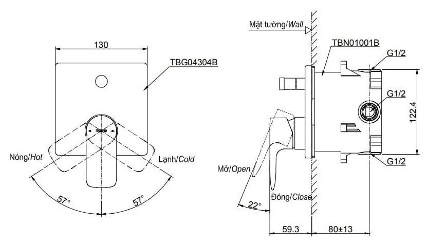 Bản vẽ kỹ thuật Van Điều Chỉnh Nóng Lạnh TOTO TBG04304B/TBN01001B