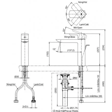 Bản vẽ kỹ thuật Vòi Chậu Nóng Lạnh TOTO TLG01304V