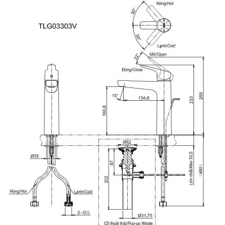 Bản vẽ kỹ thuật Vòi Chậu Nóng Lạnh TOTO TLG01304V