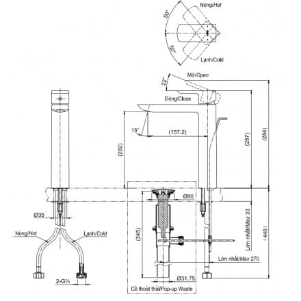 Bản vẽ kỹ thuật Vòi Chậu Nóng Lạnh TOTO TLG01304V