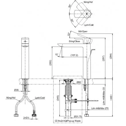 Bản vẽ kỹ thuật Vòi Chậu Nóng Lạnh TOTO TLG01304V