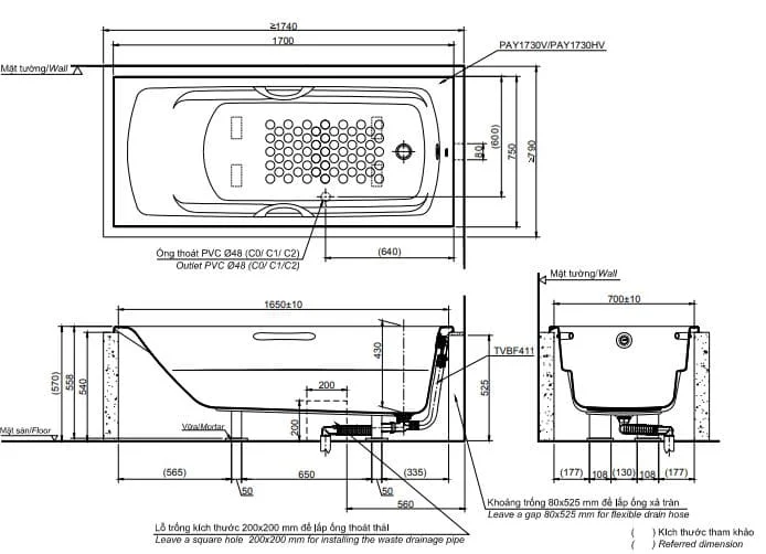 Bản vẽ Bồn Tắm Nhựa TOTO PAY1730V/TVBF411