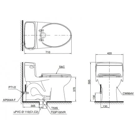 Bản vẽ Bàn Cầu 1 Khối Nắp Điện Tử TOTO MS864W11