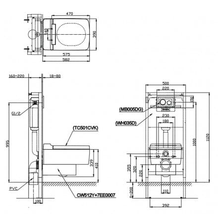 Bản vẽ Bàn Cầu âm tường TOTO CW512YR/7EE0007/TC501CVK
