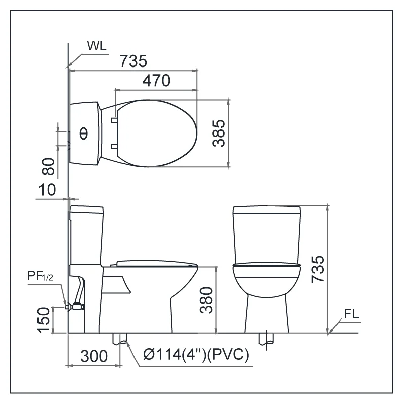 Bản vẽ kỹ thuật bồn cầu 2 khối Caesar CD1340