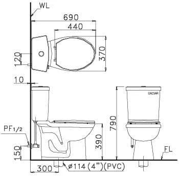 Bản vẽ kỹ thuật bồn cầu 2 khối Caesar CT1325