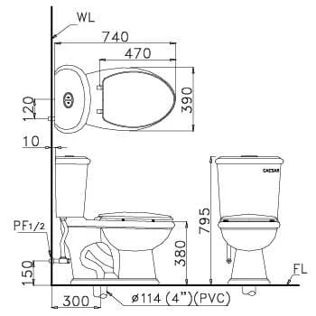 Bản vẽ kỹ thuật bồn cầu 2 khối Caesar CD1331