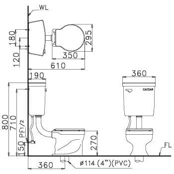 Bản vẽ kỹ thuật bồn cầu 2 khối trẻ em Caesar CT1026