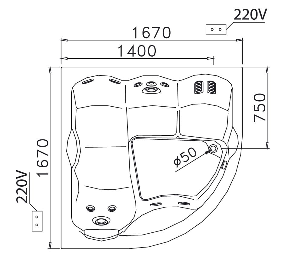 Bản vẽ bồn tắm góc massage có chân yếm Caesar MT5165