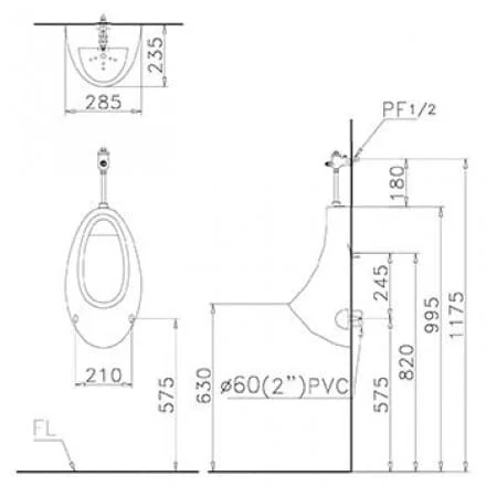 Bản vẽ kỹ thuật Bồn Tiểu Nam Caesar U0210