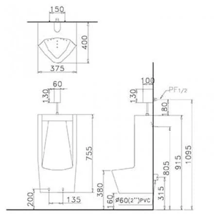 Bản vẽ kỹ thuật Bồn Tiểu Nam Treo Tường Caesar U0240 