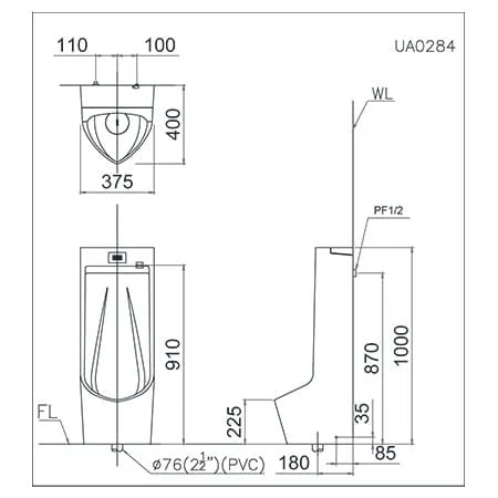 Bản vẽ kỹ thuật Bồn Tiểu Nam Đặt Sàn Caesar U0284 