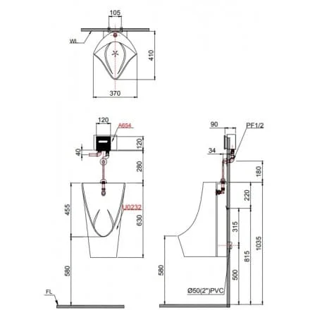 Bản vẽ kỹ thuật Bồn Tiểu Nam Caesar U0210