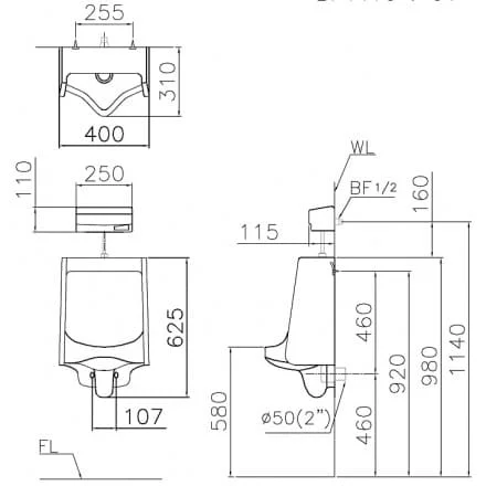Bản vẽ kỹ thuật Bồn Tiểu Nam Treo Tường Caesar U0240 