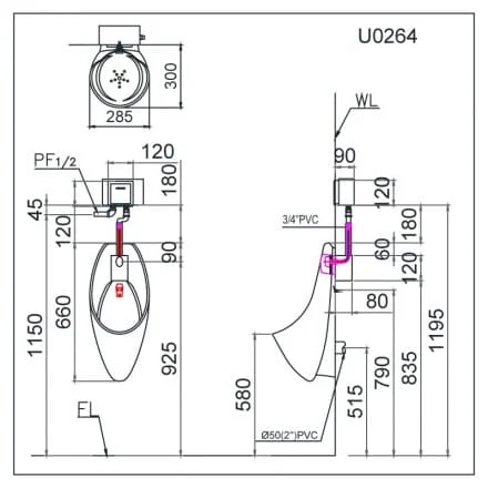 Bản vẽ kỹ thuật Bồn Tiểu Nam Treo ường Caesar U0240 