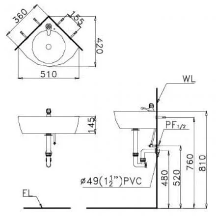 Kích thước lăp đặt bồn rửa mặt Caesar L2150