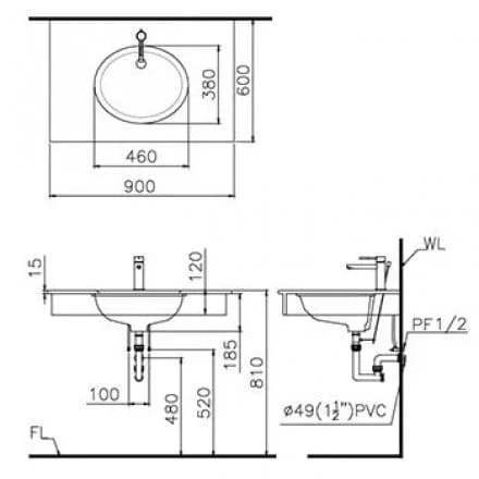 Kích thước lăp đặt bồn rửa mặt Caesar L2150