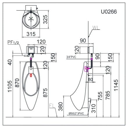 Bản vẽ kỹ thuật Bồn Tiểu Nam Treo Tường Caesar U0240 