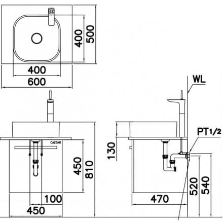 Bản vẽ kỹ thuật Chậu Rửa Mặt Âm Bàn Caesar LF5128 