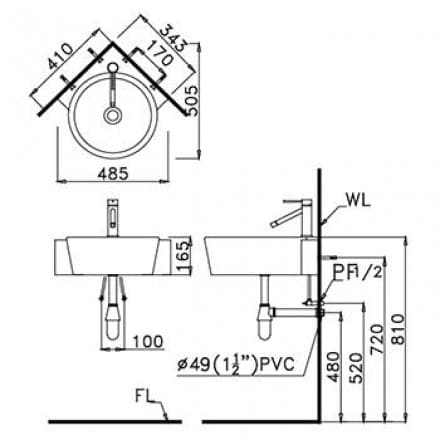 Bản vẽ kỹ thuật Chậu Rửa Mặt Âm Bàn Caesar LF5128 