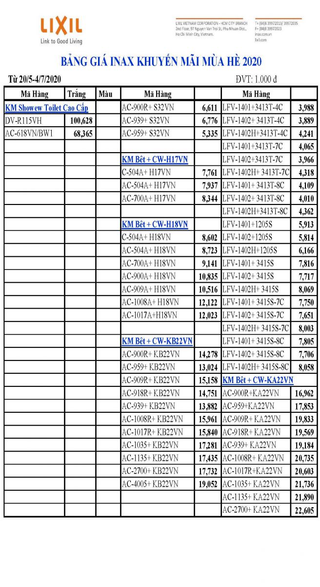 Bảng giá mới nhất khuyến mại mùa hè Inax 2020