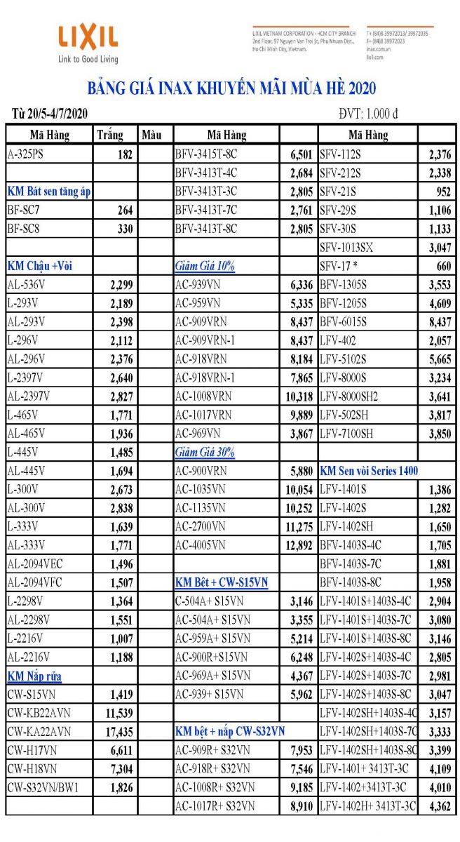 Bảng giá mới nhất khuyến mại mùa hè Inax 2020