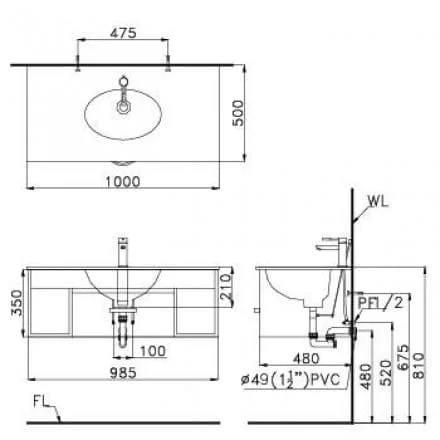 Bản vẽ kỹ thuật Chậu Rửa Mặt Âm Bàn Caesar LF5128 